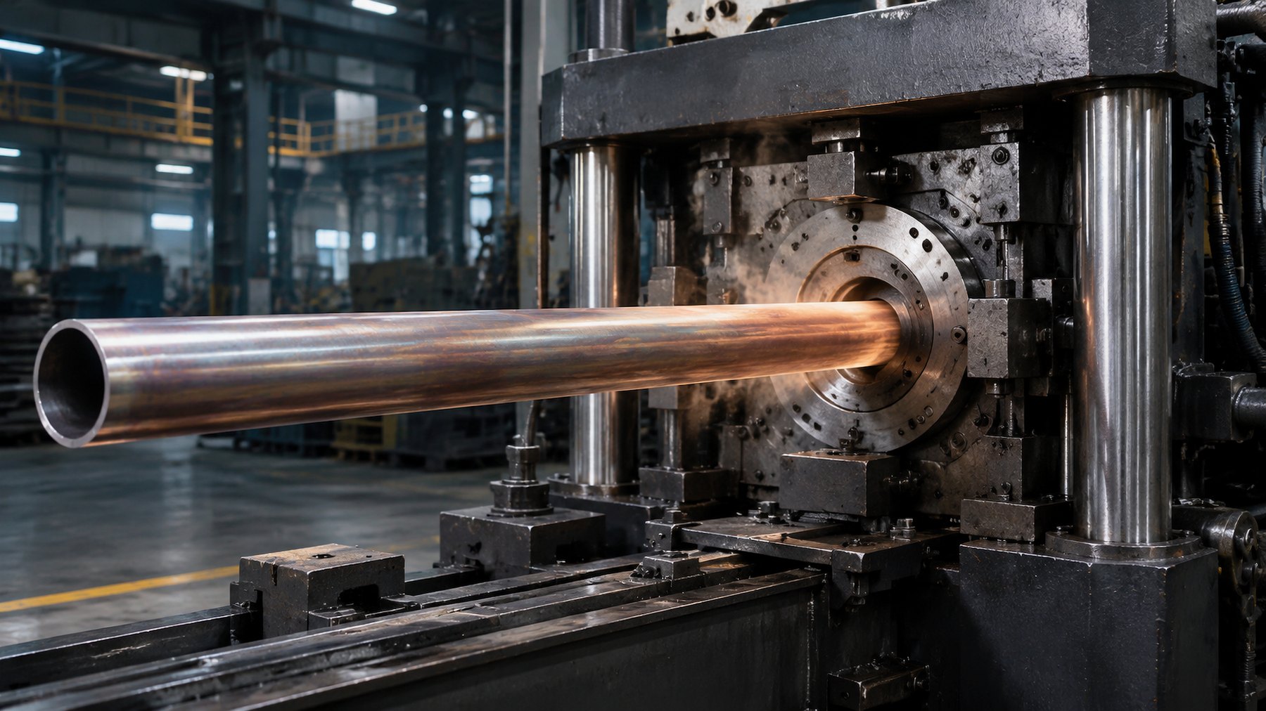 Seamless tube leaving the extrusion press