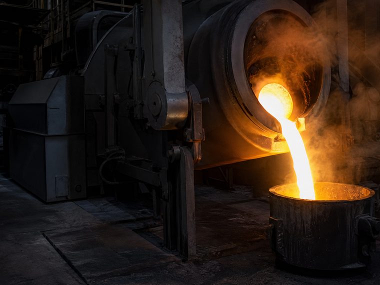 Molten nickel alloy being tapped from the melting furnace