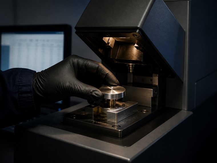 Machined disc sample on the spectrometer spark stand